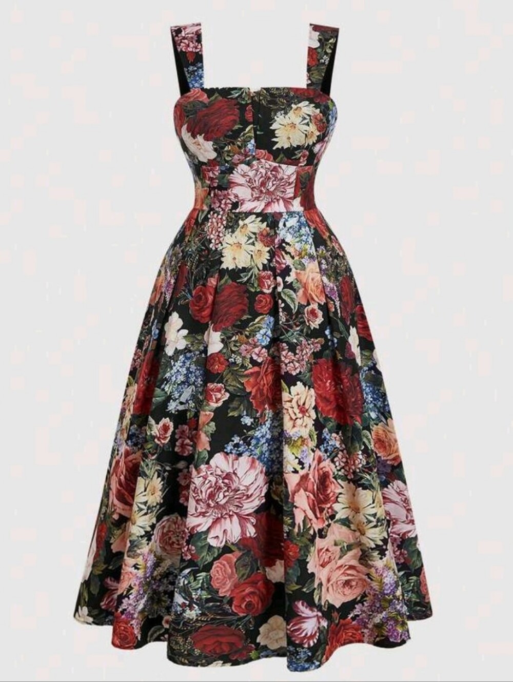 SHEIN Black Floral Fit-and-Flare Midi Dress